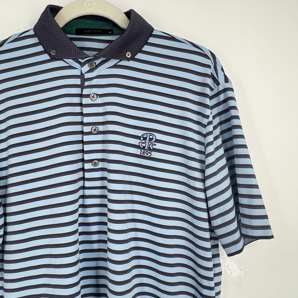 Greyson‎ Polo Shirt Mens Medium Blue Stripe Golf Performance Wolf Logo - Picture 5 of 10